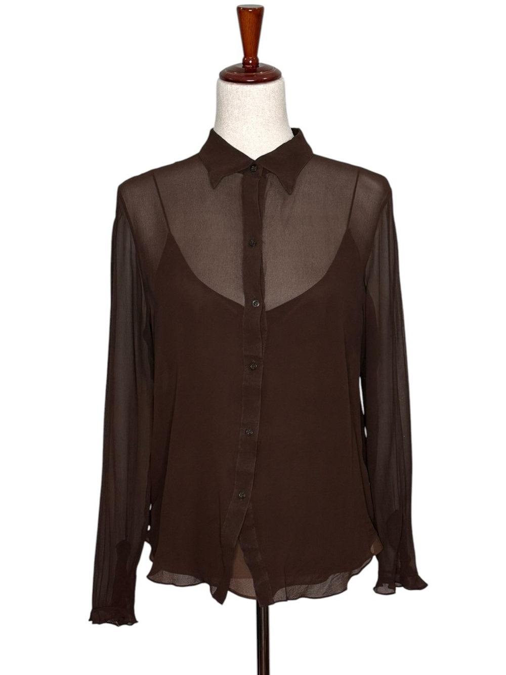 Lauren Ralph Lauren vintage Brown Silk Sheer Button-Up Blouse. Minimalist. 10